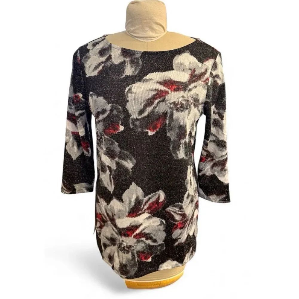Chico's Sweater Womens Medium Black White Silver Red Metallic Floral Long Sleeve